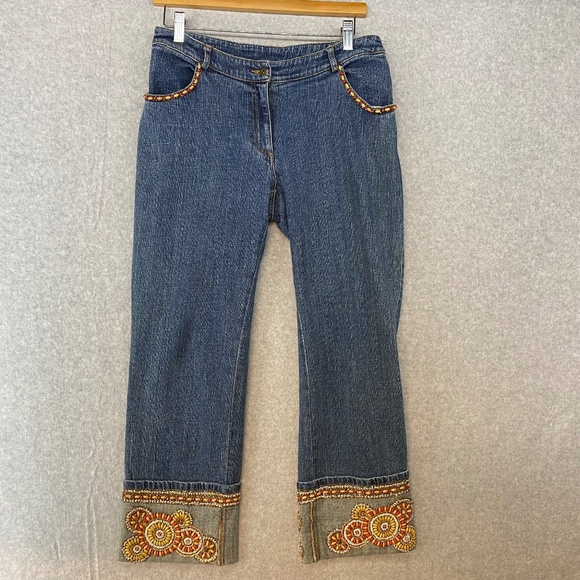 Cache Denim Jeans Size 4 Embellished Gold-Embroidery Rhinestones Beads Cuffed - Picture 1 of 10